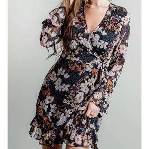 Long sleeve floral wrap dress
